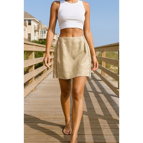 J Crew Linen Skirt 12 Herringbone Contrast Stripe Minimalist Blokette 100% Linen - Picture 1 of 8